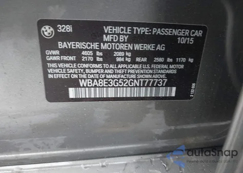 2016 BMW 328I xDrive из США, поврежденный, VIN WBA8E3G52GNT77737